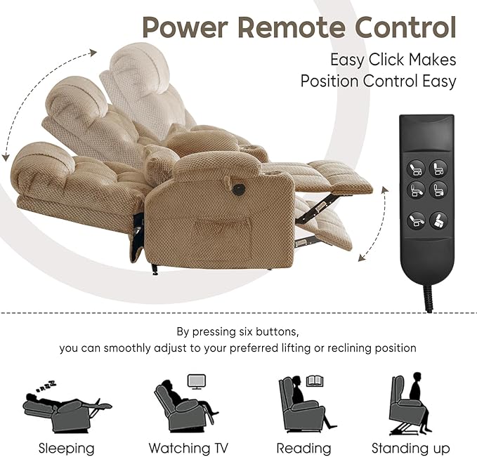 ABCASA Oversized Dual Motor Lay Flat Power Lift Recliner Chair with Massage, Heating, Lumbar Pillow, USB & Type-C Ports, Textile Lift Chairs Recliners, Large Recliner for Big & Elderly People - Beige