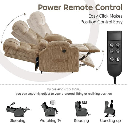 ABCASA Oversized Dual Motor Lay Flat Power Lift Recliner Chair with Massage, Heating, Lumbar Pillow, USB & Type-C Ports, Textile Lift Chairs Recliners, Large Recliner for Big & Elderly People - Beige