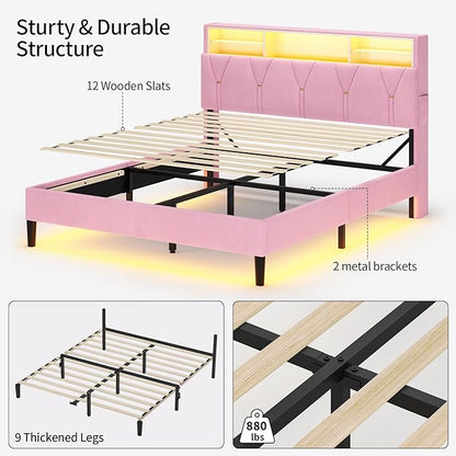 Full Size Bed Frames with Storage Headboard,Power Outlet, Modern Velvet Upholstered Platform Bed LED Bed Frame with 5 Storage Shelves, No Box Spring Needed, Pink