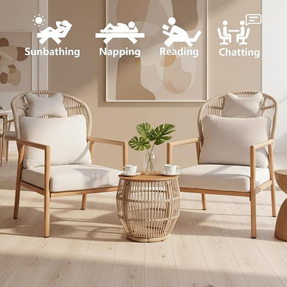 Modern Living Room Chairs, Accent Chairs Set of 2 with Coffee Table, Comfy Arm Chair with Cushions, Rattan Reading Lounge Chair with Metal Frame, Armchair for Bedrooom/Indoor/Outdoor, Beige