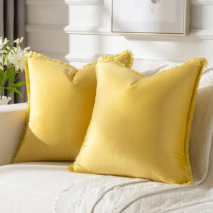 FUTEI Lemon Yellow Velvet Decorative Throw Pillow Covers 20x20 Set of 2,Soft Cozy Edge with Tassels Cushion Case,Boho Modern Home Decor for Couch Bed Living Room