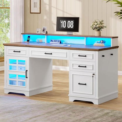 60'' Farmhouse Executive Desk with Drawers, Home Office Desk with Power Outlet & LED Light, Wood Computer Desk with Monitor Stand, Locking File Drawer, Glass Storage Cabinet, Hooks, White