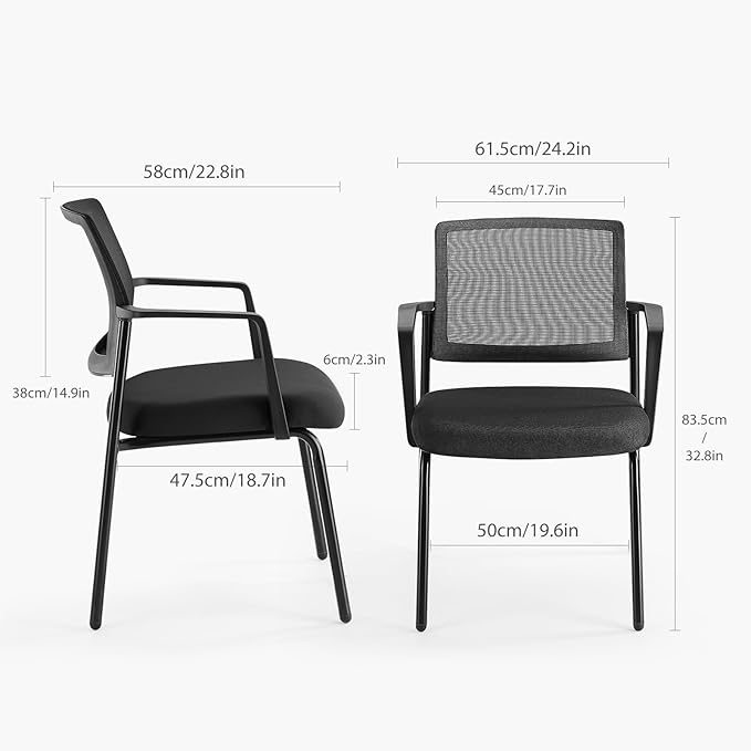 DUMOS Black Stackable Arm Chairs with Mesh Back and Upholstered Fabric, Sturdy Metal Frame, Easy to Store and Use, Perfect for Indoor and Outdoor Spaces, 2 Chair