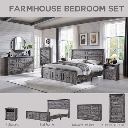 26" Tall 2 Drawers Dresser for Bedroom, Farmhouse 23.6" Wide Large Nightstand with Charging Station, Wood Rustic Side Table w/Roman Column, End Table for Bedroom, Living Room, Light Grey
