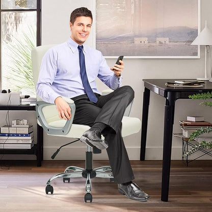 CLATINA Office Computer Desk Chair Executive Mid Back Ergonomic Managerial Chair with Lumbar Support Comfortable Adjustable PU Leather Home Office Chair Swivel, White 8PK