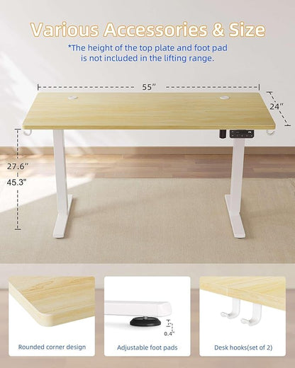 YIHAYO Electric Standing Desk, 55 x 24 Inches Stand Up Desk with Splice Board, Adjustable Height Desk, Computer Desk for Home Office, White Frame/Natural Top