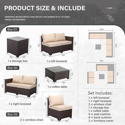 Valita 6 Pieces Patio PE Wicker Furniture Set Outdoor Brown Rattan Sectional Conversation Sofa Chair with Storage Table and Beige Cushions