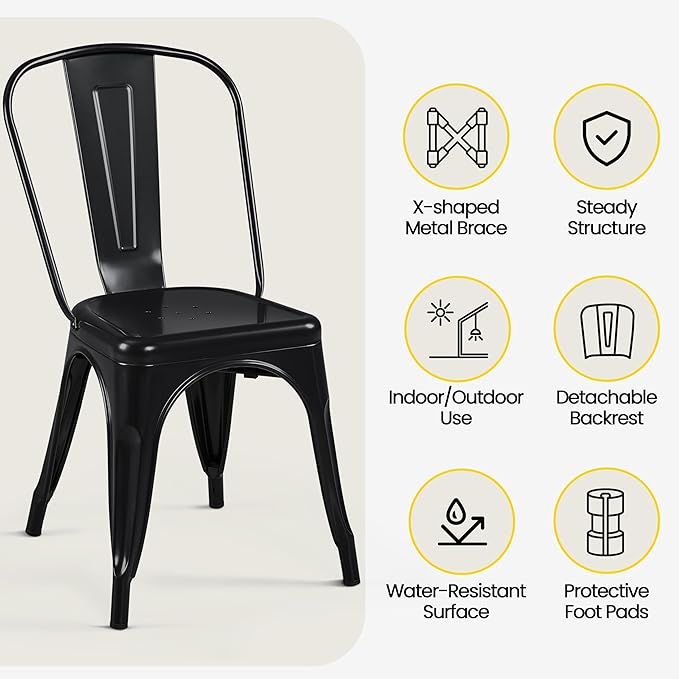 Yaheetech Metal Dining Chairs Set of 4, Industrial Stackable Kitchen Chairs with Back for Dining Room/Restaurant/Bistro/Patio, Indoor & Outdoor Use, Matte Black