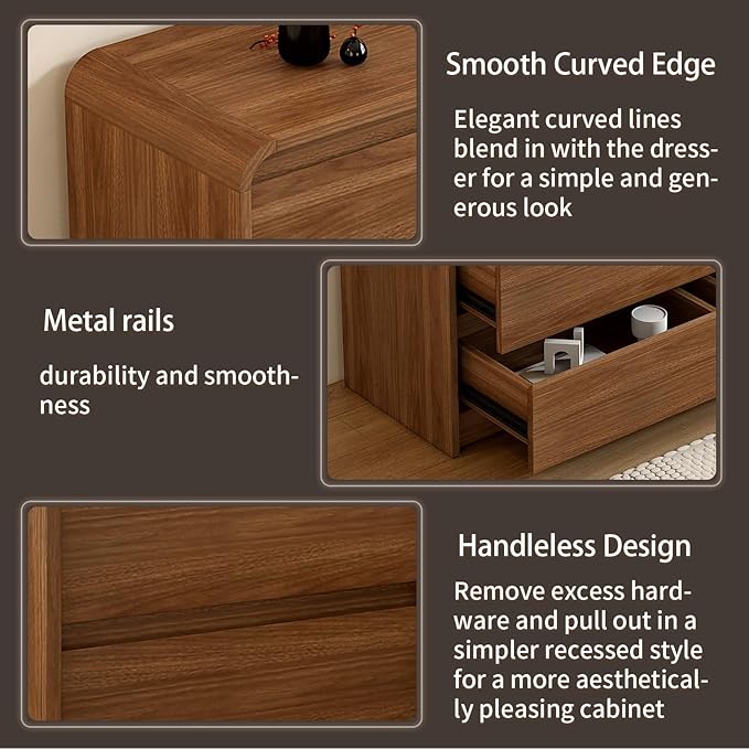 55 Inch Dresser For Bedroom 6 Drawer Wood Chest of Drawers - Curved Anti Collision, Mid Century Dresser For Closet with Natural Texture & Pre-Embedded Slots for TV Stand, Living Room, Nursery