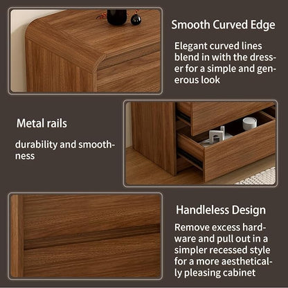 55 Inch Dresser For Bedroom 6 Drawer Wood Chest of Drawers - Curved Anti Collision, Mid Century Dresser For Closet with Natural Texture & Pre-Embedded Slots for TV Stand, Living Room, Nursery