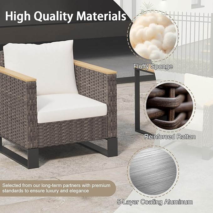 Ypati 3-Piece Handwoven Rattan Patio Conversation Set, Aluminum Frame with All Weather Coating, for Porch, Balcony, Garden, 2 Comfortable Chairs with Coffee Table, Black & White, Designed by Eureka
