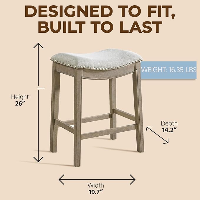 ROME + OAK Parker 26 Inch Counter Stool, Backless Saddle Kitchen Barstool in Reclaimed Oak Finish with Ash Grey Fabric Upholstery Cushion Seat