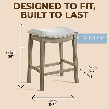 ROME + OAK Parker 26 Inch Counter Stool, Backless Saddle Kitchen Barstool in Reclaimed Oak Finish with Ash Grey Fabric Upholstery Cushion Seat
