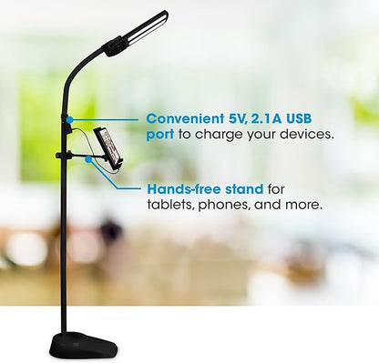 Ottlite Dual Shade LED Standing Floor Lamp with Adjustable Stand - Wide Range of Illumination with Built-in 2.1A USB Charging Port and Flexible Neck - 4 Brightness Settings for Reading & Studying