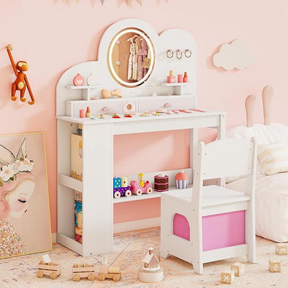 Costzon Kids Vanity, Girls Vanity Set with Lighted Mirror, Bookshelf, Drawers, Hooks & Storage Shelves, Toddler Makeup Vanity Desk Dressing Table, Wooden Kids Vanity Table and Chair Set (White)
