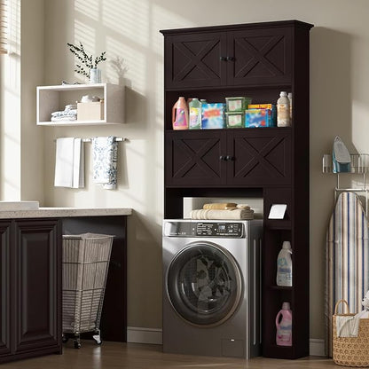 Over The Toilet Storage Cabinet, Farmhouse Storage Cabinet Over Toilet with 4 Barn Doors & Toilet Paper Holder Stand, Espresso Toilet Shelf Home Space Saver for Restroom, Bathroom, Laundry