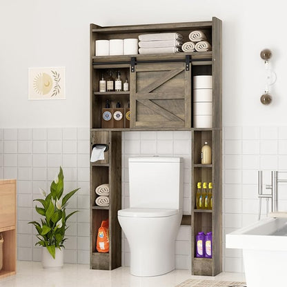 Over The Toilet Storage Cabinet, 32.5'' Wide Bathroom Storage Cabinet with Sliding Barn Door, Freestanding Over Toilet Storage Shelf, Grey