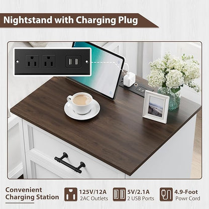 White Nightstand with Charging Station, 19.7" Farmhouse End Table with 3 Drawers Storage, Bedside Table with Brushed Metal Handles, Unique Base Design, 3 Drawer Dresser for Bedroom, Living Room