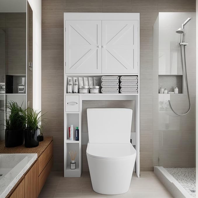 Over-The-Toilet Storage Cabinet - 2 Door Bathroom Organizer with Adjustable Shelves, Farmhouse Style Space-Saving Rack for Bathroom, Toilet, Laundry Room (White)