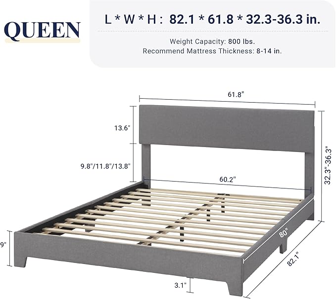 Allewie Queen Bed Frame with Upholstered Adjustable Headboard, Platform Bed with Wood Slats, Heavy Duty Mattress Foundation, No Box Spring Needed, Easy Assembly, Light Grey