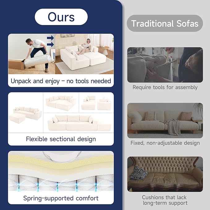 2025 New 108" Cloud Couch Sectional, Modular Sectional Sofa with L-Shaped Chaise, Deep Seat Sectional Modular Couch for Living Room, No Assembly Required (Beige, Chaise Ottoman)