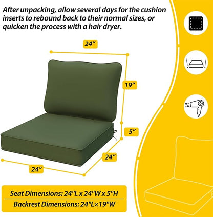 AAAAAcessories Outdoor Deep Seat Cushions, Waterproof, Fade-Resistant Patio Furniture Replacement Cushions, Set of 2, 24" x 24" x 5", Woodland Green