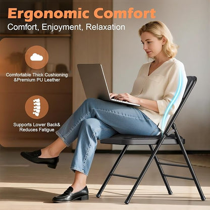 Commercial Grade Folding Chair with Padded Fabric Cushion（16"X16" |Double-hinged Legs Luxury Style|4.5kg Capacity Max Weight 150Kg for Home and Office,Indoor and Outdoor Events (2, PU-Black)