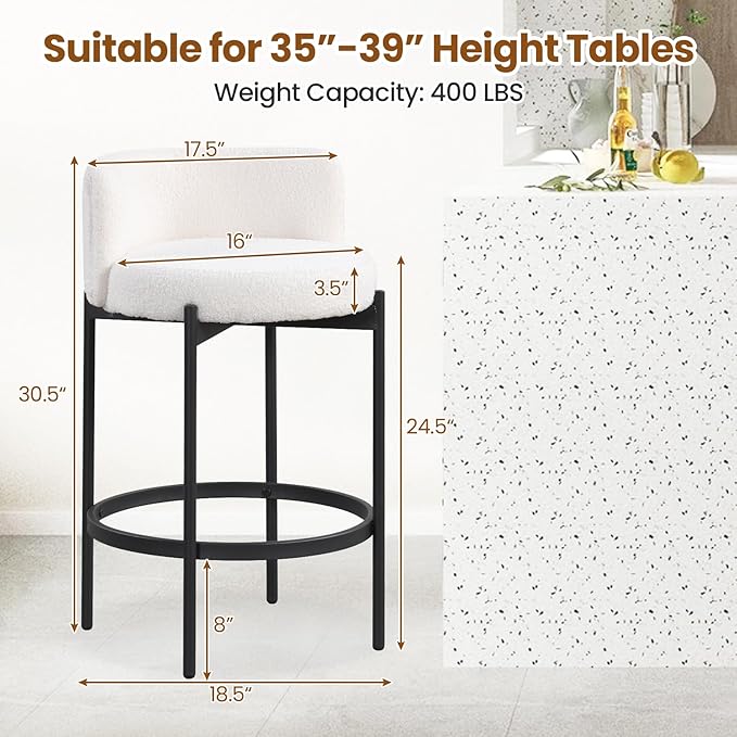 COSTWAY Counter Height Bar Stools Set of 2, 24.5 Inch Boucle Modern Barstools w/Curved Backrest, Metal Frame, Comfy Footrest, Upholstered Island Chairs for Dining Room, Kitchen, Cafe, 400 LBS Max Load
