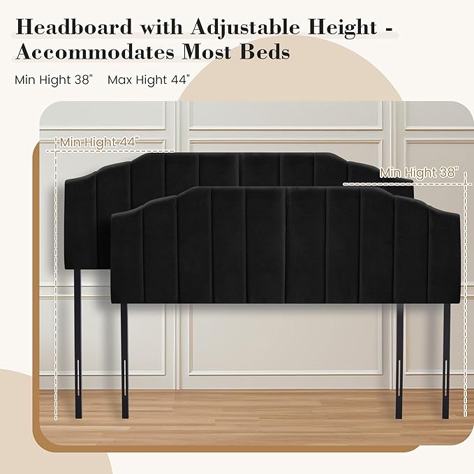 Upholstered Headboard Adjustable Height Queen/King Headboard Cream Velvet Tufted Modern Vertical Channel Design with Stepped Silhouette Top Edge(Black Queen)