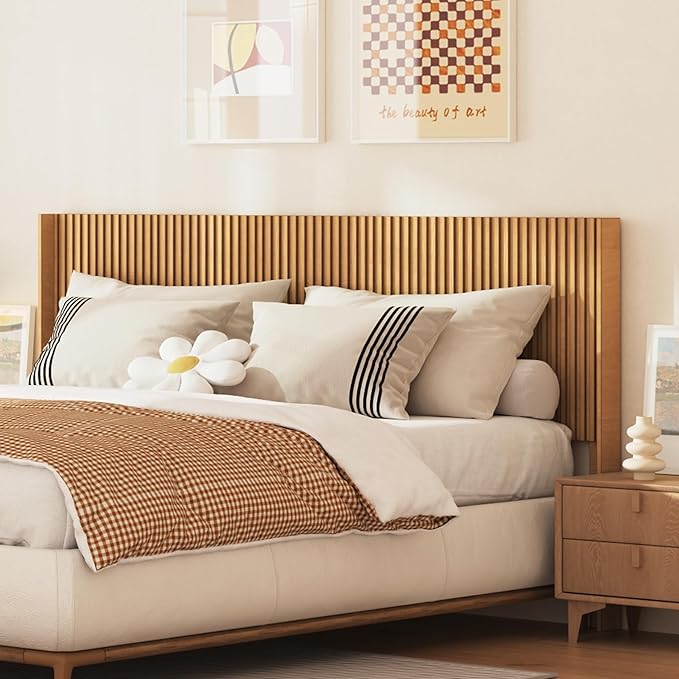COCO DESIGN King Size Headboard Only, 80" Wide Wooden Headboard, Mid Century Modern Farmhouse Boho HeadBoard, Wall Mount, Fluted Panel, Wingback Design, Natural