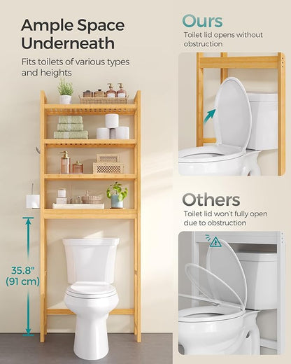 SONGMICS Over The Toilet Storage, 4-Tier Over Toilet Bathroom Organizer with Adjustable Shelves, 10.2 x 24.8 x 72.8 Inches, Space-Saving, Natural Beige UBTS041N01