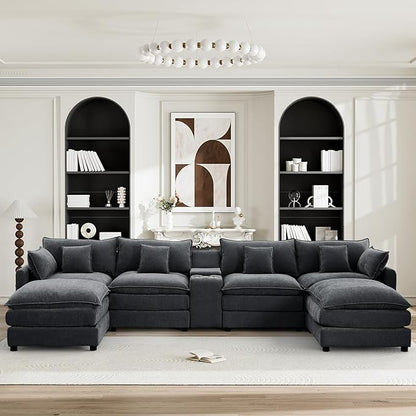 HYJT-H&K 145" U Shaped Cloud Couch Modular Black Sectional Couches for Living Room, Comfy Fluffy Chenille Oversized Cloud Sectional Couch Large 6 Seat Sectionals Sofa Set Central Console USB Port