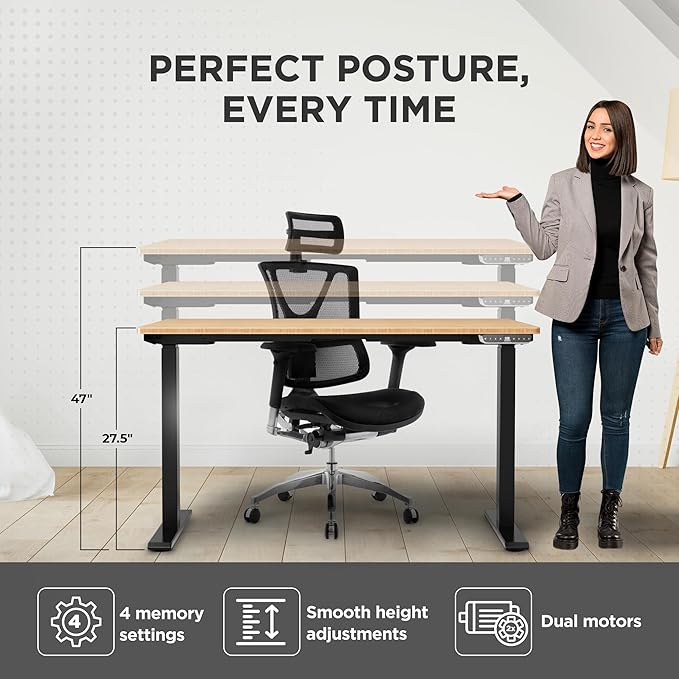 Rise Up Electric Standing Desk Adjustable Height 27-47" Dual Motor One Piece 60x30 Bamboo Large Standing Desk, Sit Stand Desk Rising Desk Home Office