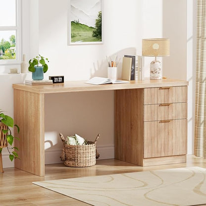 60'' Fluted Executive Desk with Drawers,Wood Home Office Desk with Storage Modern Fluted Computer Writing Desk for Study, Living Room, Bedroom,Natural Oak