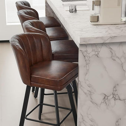 Swivel Counter Height Bar Stools Set of 4, 30'' Modern Barstools with Backs and Metal Legs, Upholstered Bar Chairs, Faux Leather Brown Stools for Kitchen Island Chairs