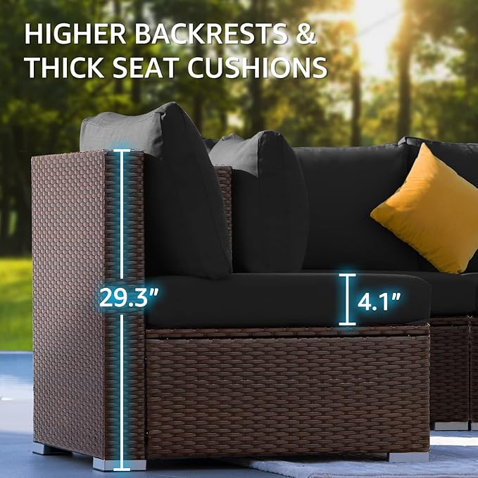 NICESOUL 11 Piece L-Shaped Outdoor Patio Furniture Set with Fire Pit Natural Gas/Propane, 29.3'' High Back Conversation Set, Extra Large Deep Couch Sofa Sectional Sets, Brown Rattan and Black Cushion