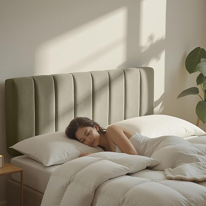 Upholstered Queen Headboard - Easy Assemble Channel Stitched Headboard Queen Size - Wall Mounted Headboards with 3D Soundproof Wall Panels Peel & Stick Floating Headboards, Olive Green