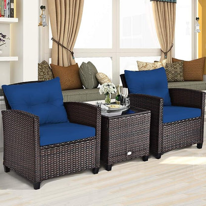 Tangkula 3 Pieces Patio Furniture Set, PE Rattan Wicker 3 Pcs Outdoor Sofa Set w/Washable Cushion and Tempered Glass Tabletop, Conversation Furniture for Garden Poolside Balcony (Blue)