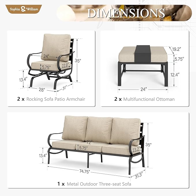 Sophia & William Patio Furniture Sets 5 Seats Outdoor Metal Conversation Sets 5 Pcs with 2 x Cushioned Swivel Sofa Chairs,1 x 3-Seat Sofa,2 x Ottomans for Coffee Lawn Backyard Poolside Beige
