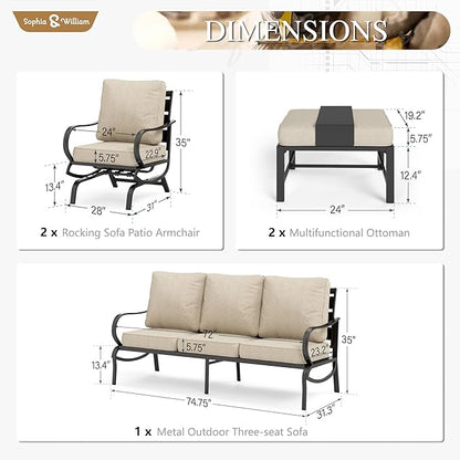 Sophia & William Patio Furniture Sets 5 Seats Outdoor Metal Conversation Sets 5 Pcs with 2 x Cushioned Swivel Sofa Chairs,1 x 3-Seat Sofa,2 x Ottomans for Coffee Lawn Backyard Poolside Beige
