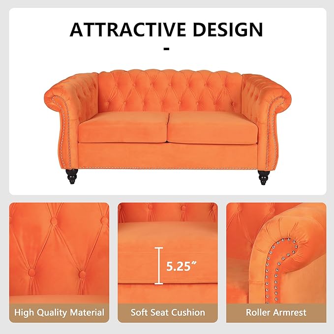 Living Room Velvet Sofa and Loveseat set, Mid Century Modern Upholstered Couch with Cushions, 2-Piece Home Sofa Furniture Sets, Comfy Tufted Chesterfield Couches for Living Room, Bedroom, Office