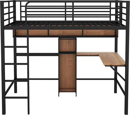 Full Size Metal & Wood Loft Bed with L -Shaped Desk and Shelves,Bedroom Multifuncational Bed Frame w/Guardrails & No Box Spring Required,for Adult Kid Boy Girl,Black+Brown