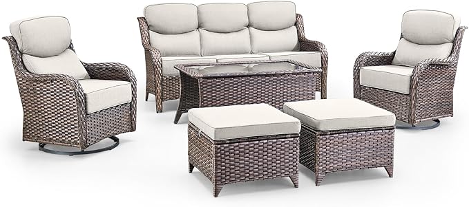 Swivel Patio Chairs Sofa Set of 6 with 6" Thick Cushion - Wicker Outdoor Swivel Rocker Patio Chair,Sofa/Glass Coffee Table, High Back Comfortable Outdoor Glider Chairs - Brown Wicker | Beige Cushions