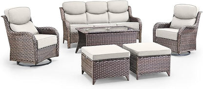 Swivel Patio Chairs Sofa Set of 6 with 6" Thick Cushion - Wicker Outdoor Swivel Rocker Patio Chair,Sofa/Glass Coffee Table, High Back Comfortable Outdoor Glider Chairs - Brown Wicker | Beige Cushions