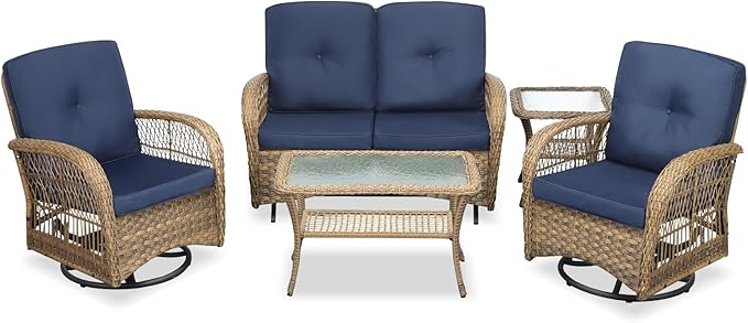 VIVIJASON 5-Piece Outdoor Patio Wicker Conversation Sets, All Weather Outdoor Rattan Furniture Set Includes Glider Loveseat, 2 Coffee Table, 2 Swivel-Gliders Chairs with Cushions, Navy Blue