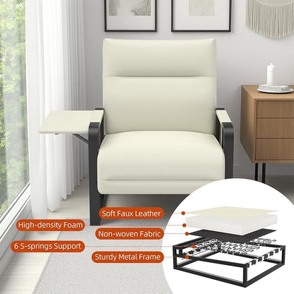 Upholstered Accent Chairs Set of 2, Modern Faux Leather Sofa Chairs with Foldable Side Tray Table & Storage Pocket, Small Accent Sofas for Living Room, Bedroom, Beige