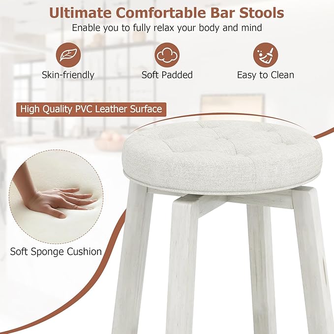 COSTWAY 360° Swivel Bar Stools Set of 2, 26-inch Height Vintage Upholstered Rubberwood Backless Bar Chairs with Footrest, Retro Kitchen Counter Stools for Kitchen Island Dining Room Home Bar, White
