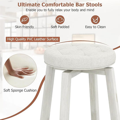 COSTWAY 360° Swivel Bar Stools Set of 2, 26-inch Height Vintage Upholstered Rubberwood Backless Bar Chairs with Footrest, Retro Kitchen Counter Stools for Kitchen Island Dining Room Home Bar, White