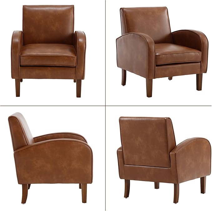 Brown Faux Leather Accent Chairs Set of 2, Mid Century Modern Upholstered Arm Chairs with Wooden Legs, Comfy Reception Office Club Reading Side Lounge Chair for Living Room Bedroom