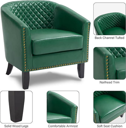 Pia Ricco Faux Leather Barrel Chairs Set of 2, Modern Comfy Accent Chairs, Upholstered Armchair Club Chairs with Nailhead Trim, Single Sofa Barrel Chair for Living Room Reading Room, Green